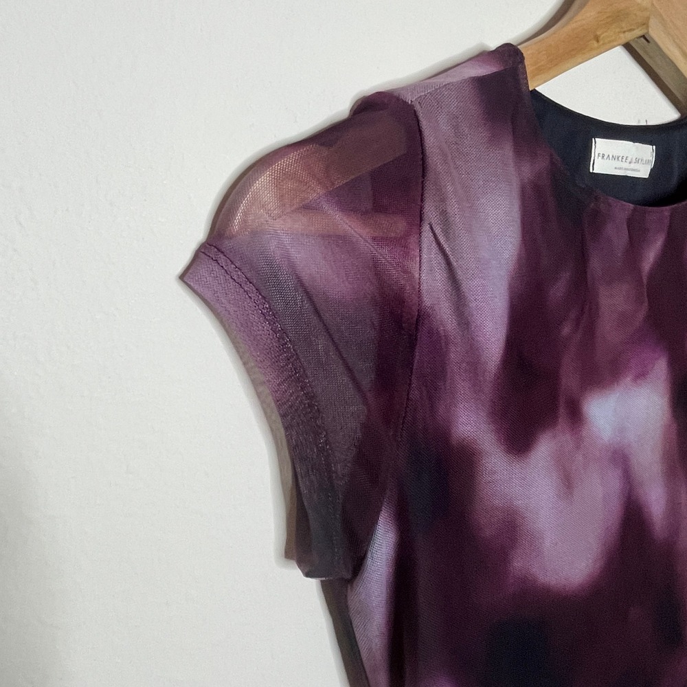 Frankee Skylarr Tunic Top Mesh Swirl Print Sheer Sleeve Ruched Women's Small - Picture 5 of 7